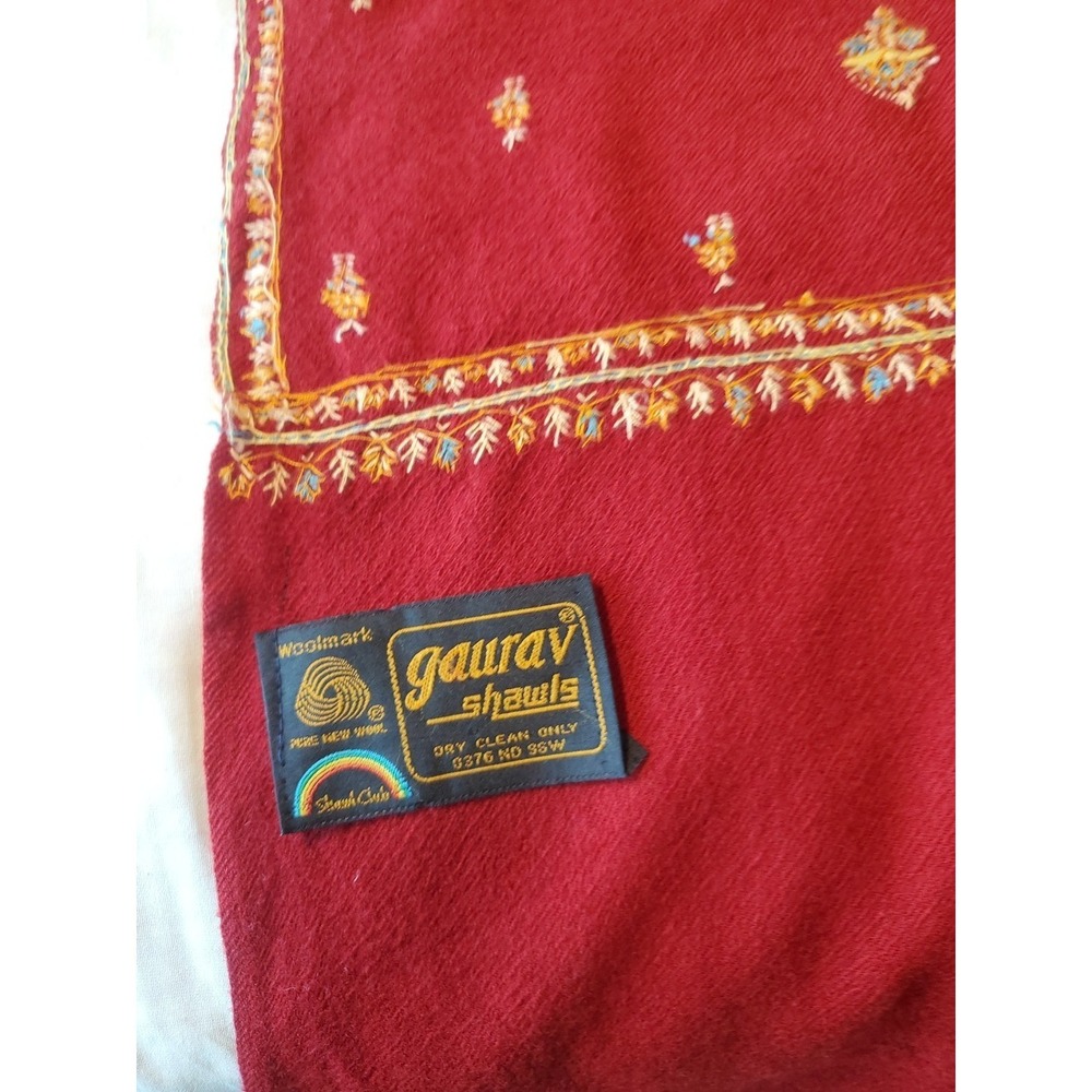Vintage Gaurav Shawls Wool Hand Embroidered Long Fabric Red Abstract 36x75 - Picture 2 of 8